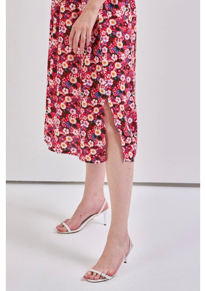 Kadın Kare Yaka Gipeli Desenli Viskon Elbise Kırmızı indirimleri