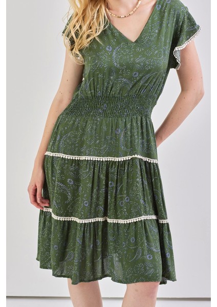 Kadın V Yaka Güpür Detaylı Gipeli Mini Elbise Haki fiyatları