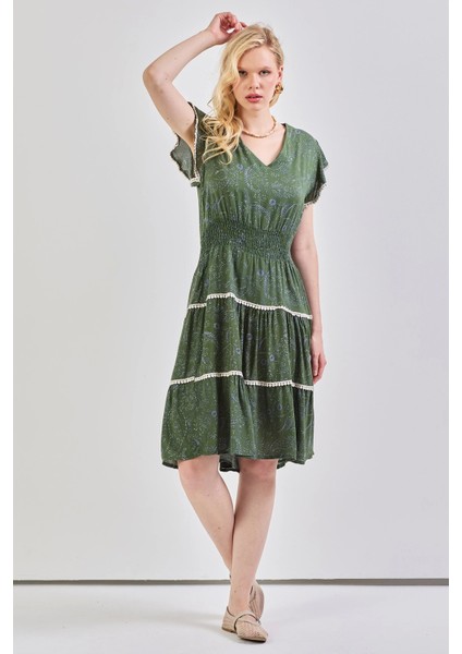 Kadın V Yaka Güpür Detaylı Gipeli Mini Elbise Haki indirimleri