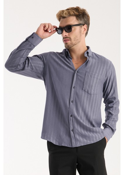 Erkek Gömlek Mürdüm Likralı Uzun Kollu Cepli Rahat Kalıp Dökümlü Pamuklu Günlük Şık Model