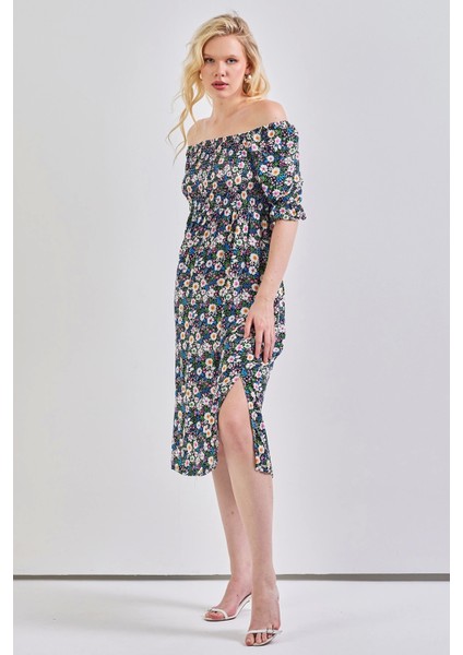 Kadın Kare Yaka Gipeli Desenli Viskon Elbise Yeşil