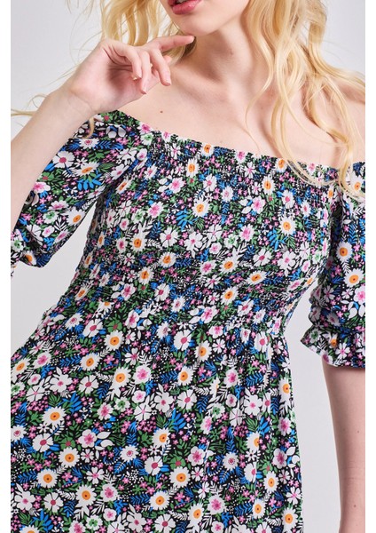 Kadın Kare Yaka Gipeli Desenli Viskon Elbise Yeşil fiyatları