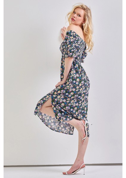 Kadın Kare Yaka Gipeli Desenli Viskon Elbise Yeşil modelleri