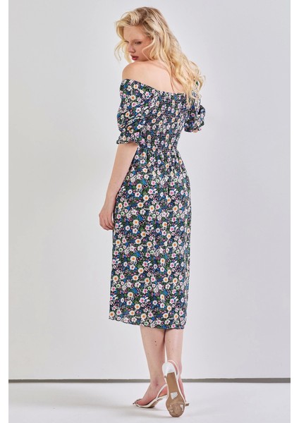 Kadın Kare Yaka Gipeli Desenli Viskon Elbise Yeşil fırsatları