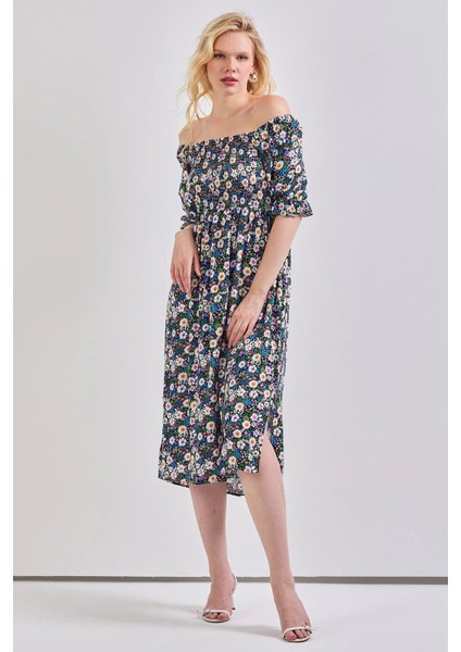 Kadın Kare Yaka Gipeli Desenli Viskon Elbise Yeşil indirimleri