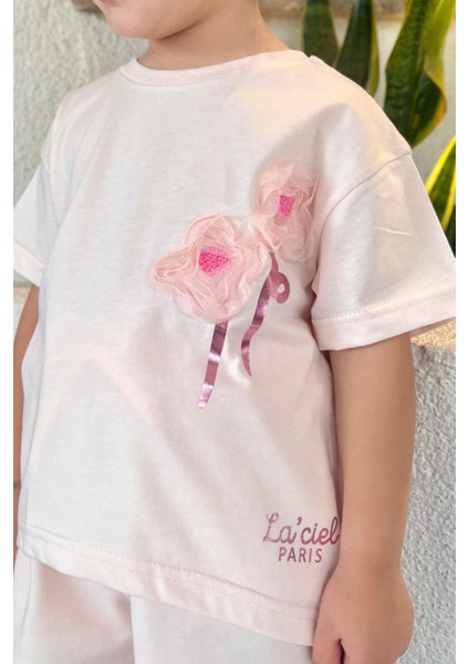Kız Çocuk Tül Detaylı Çiçekli Tshirt ve Şort Alt Üst Takım modelleri