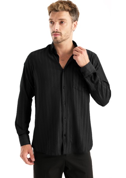 Erkek Gömlek Siyah Likralı Uzun Kollu Cepli Rahat Kalıp Salaş Dökümlü Pamuklu Günlük Şık Model fiyatları