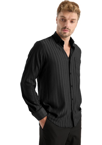 Erkek Gömlek Siyah Likralı Uzun Kollu Cepli Rahat Kalıp Salaş Dökümlü Pamuklu Günlük Şık Model modelleri