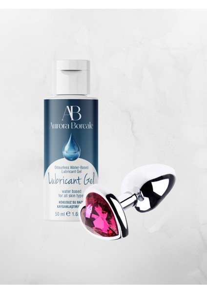 Aurora Boreale Kalpli Mücevherli Çelik Plug Küçük Boy + Sade Su Bazlı  Jel 50 ml 2'li Set