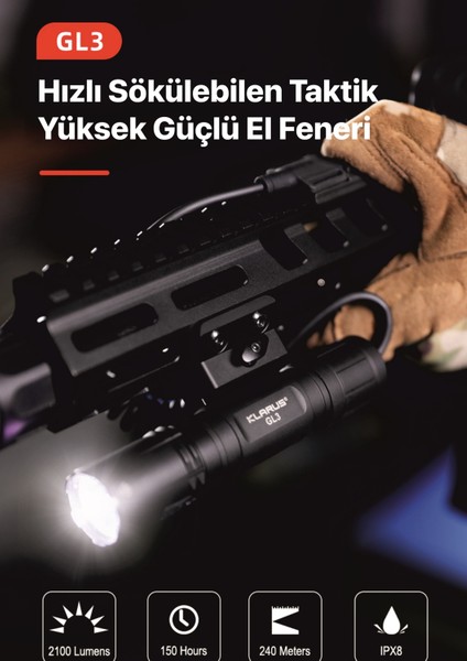Gl3 Klarus Gl3 Usb-C Şarj Edilebilir LED Taktik Tüfek Feneri