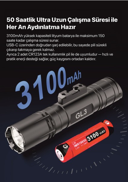 Gl3 Klarus Gl3 Usb-C Şarj Edilebilir LED Taktik Tüfek Feneri