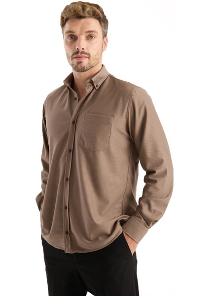 Erkek Gömlek Kahverengi Uzun Kollu Cepli Rahat Kalıp Pamuklu Likralı Günlük Şık Klasik Model