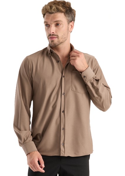 Erkek Gömlek Kahverengi Uzun Kollu Cepli Rahat Kalıp Pamuklu Likralı Günlük Şık Klasik Model fiyatları