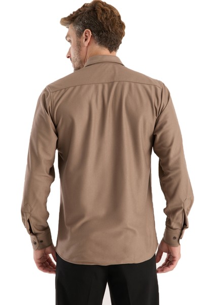 Erkek Gömlek Kahverengi Uzun Kollu Cepli Rahat Kalıp Pamuklu Likralı Günlük Şık Klasik Model modelleri