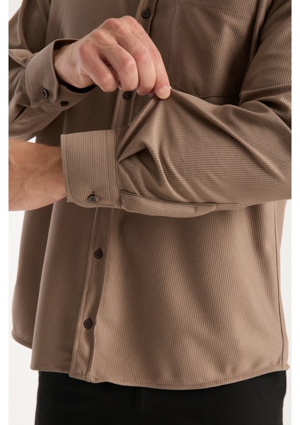 Erkek Gömlek Kahverengi Uzun Kollu Cepli Rahat Kalıp Pamuklu Likralı Günlük Şık Klasik Model fırsatları