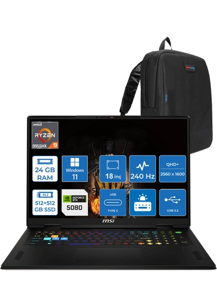 Msı Vector A18 Hx A9WIG-093TR Amd Ryzen 9-9955HX Aı 24GB 512GB SSD +512GB SSD 16GB/RTX5080 Gddr7 175W 18 Inç 2k 2560×1600) Qhd+ 240Hz WINDOWS11HOME Gaming Laptop ZT093TRH02+ZETTAÇANTA
