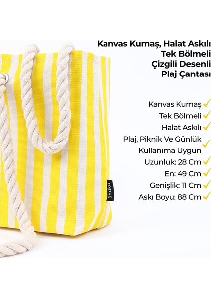 Sarı SHK234 Kanvas Kumaş Tek Bölmeli Çizgi Desenli Seyahat, Piknik ve Plaj Çantası