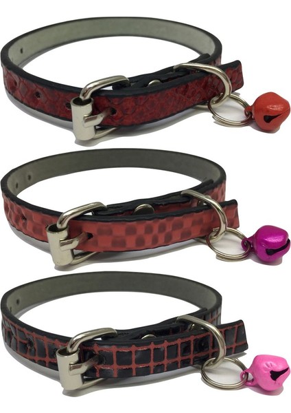 3'lü Zilli Deri Kedi Tasması 30 cm