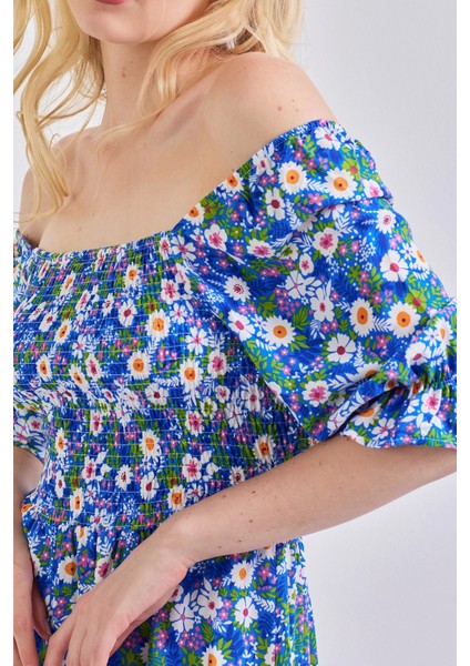 Kadın Kare Yaka Gipeli Desenli Viskon Elbise Mavi fiyatları