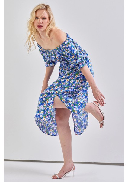 Kadın Kare Yaka Gipeli Desenli Viskon Elbise Mavi modelleri