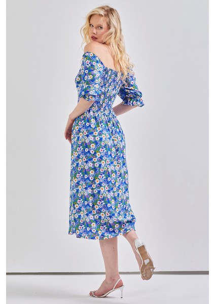 Kadın Kare Yaka Gipeli Desenli Viskon Elbise Mavi fırsatları