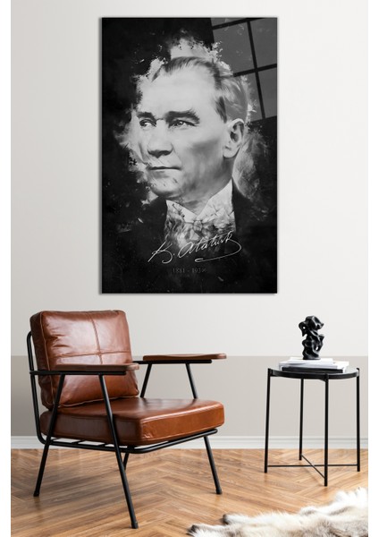 Siyah Beyaz Imzalı Atatürk Portresi Cam Tablo, Modern Ev Ofis Dekoru, Hediyelik Duvar Dekorasyonu fiyatları