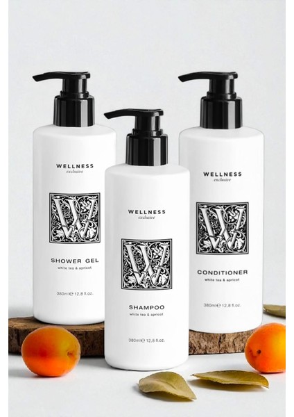 White Tea & Apricot Shampoo 380 ml + Conditioner 380 ml + Shower Gel 380 ml modelleri