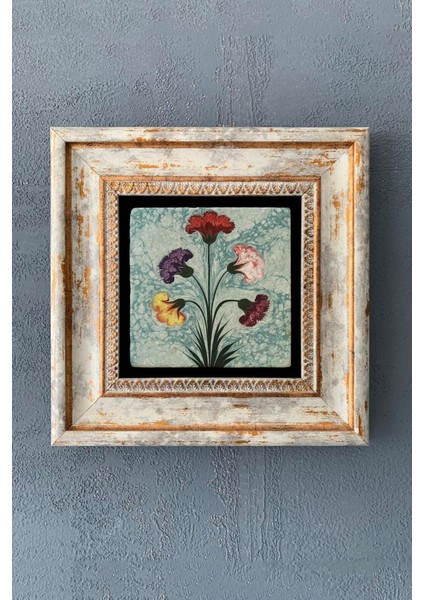 Turuncu Ebru ve Karanfil Temalı Taş Tablo 20X20 Cm, Duvar Dekoru