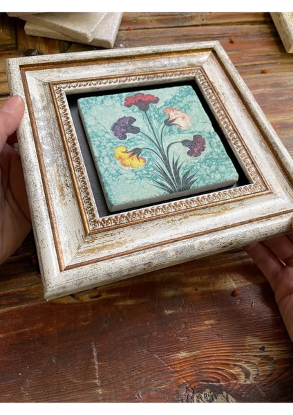 Turuncu Ebru ve Karanfil Temalı Taş Tablo 20X20 Cm, Duvar Dekoru fiyatları