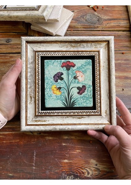 Turuncu Ebru ve Karanfil Temalı Taş Tablo 20X20 Cm, Duvar Dekoru fırsatları