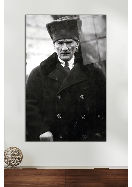 Siyah Beyaz Atatürk Portresi Cam Tablo, Ev Ofis Dekoru, Hediyelik Duvar Dekorasyonu, Kırılmaz Cam