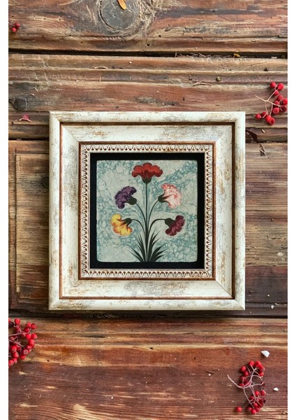 Turuncu Ebru ve Karanfil Temalı Taş Tablo 20X20 Cm, Duvar Dekoru