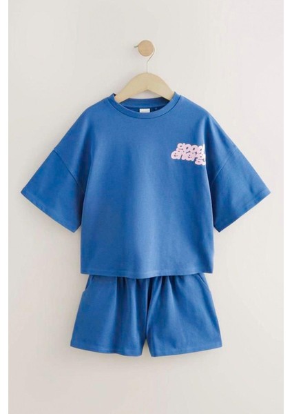 Kız Çocuk Pamuklu Kumaş Slogan Baskılı Tshirt ve Şort Alt Üst Takım modelleri