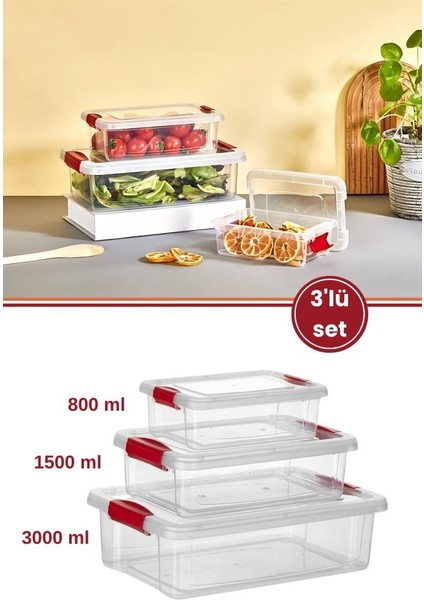 3’lü Kilitli Kapaklı Saklama Kutusu Seti, Buzdolabı Düzenleyici Erzak Saklama Kabı (800,1500,3000ML)