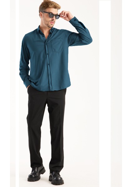 Erkek Gömlek Petrol Mavi Likralı Uzun Kollu Cepli Rahat Kalıp Salaş Dökümlü Pamuklu Günlük Şık Model