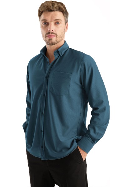 Erkek Gömlek Petrol Mavi Likralı Uzun Kollu Cepli Rahat Kalıp Salaş Dökümlü Pamuklu Günlük Şık Model fiyatları