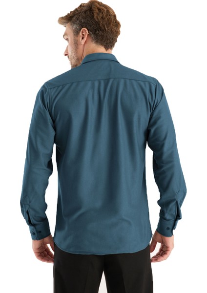 Erkek Gömlek Petrol Mavi Likralı Uzun Kollu Cepli Rahat Kalıp Salaş Dökümlü Pamuklu Günlük Şık Model modelleri