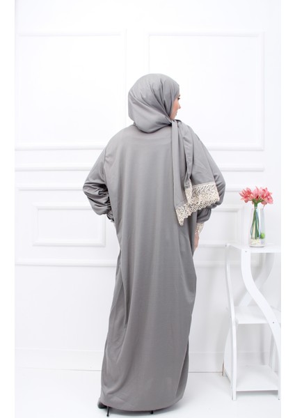 Yarım Fermuarlı Başörtülü Şık Dantelli Namaz Elbisesi modelleri