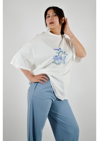 Sıfır Yaka Geniş Kalıp Uzun Tişört - Ekru