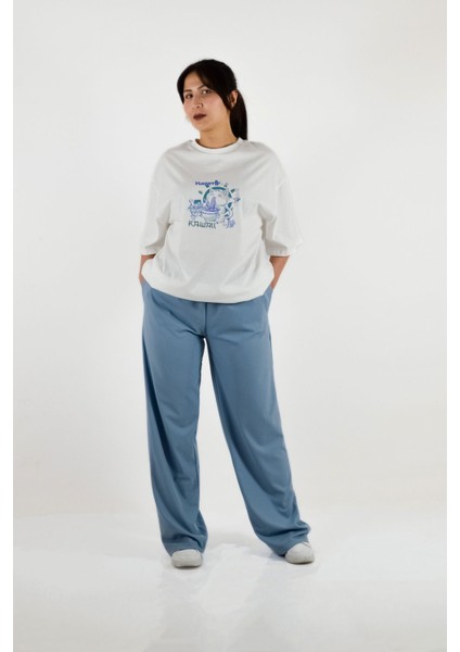 Sıfır Yaka Geniş Kalıp Uzun Tişört - Ekru fiyatları