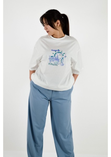 Sıfır Yaka Geniş Kalıp Uzun Tişört - Ekru modelleri