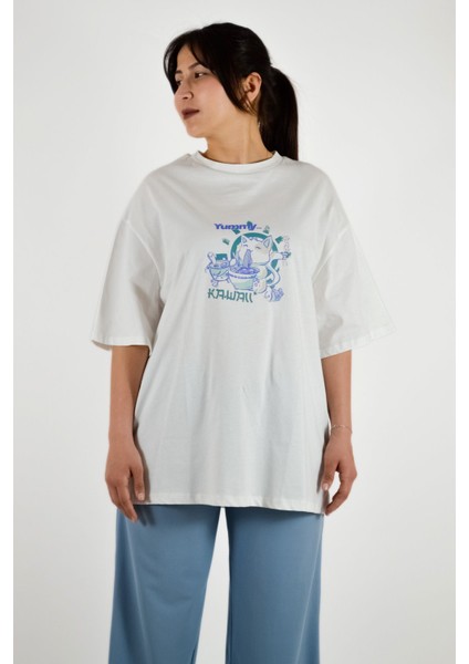 Sıfır Yaka Geniş Kalıp Uzun Tişört - Ekru fırsatları