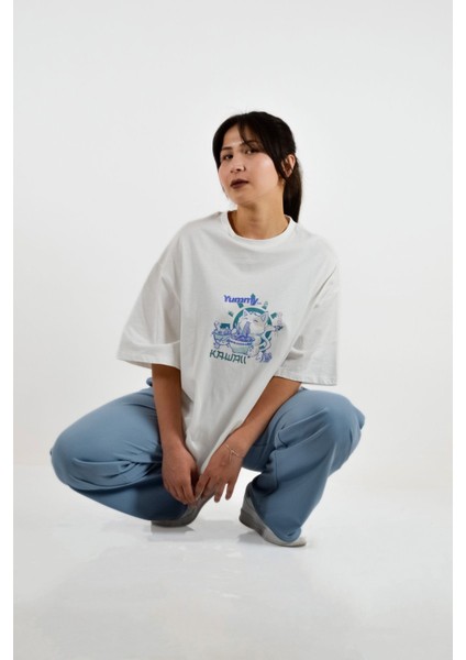 Sıfır Yaka Geniş Kalıp Uzun Tişört - Ekru indirimleri