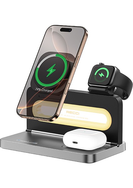 Rcw-49 4in1 Kablosuz Şarj Standı Ambiyans Işıklı Telefon&akıllı Saat&kulaklık 15W Siyah modelleri