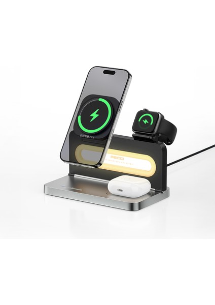 Rcw-49 4in1 Kablosuz Şarj Standı Ambiyans Işıklı Telefon&akıllı Saat&kulaklık 15W Siyah indirimleri