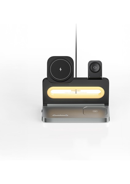 Rcw-49 4in1 Kablosuz Şarj Standı Ambiyans Işıklı Telefon&akıllı Saat&kulaklık 15W Siyah