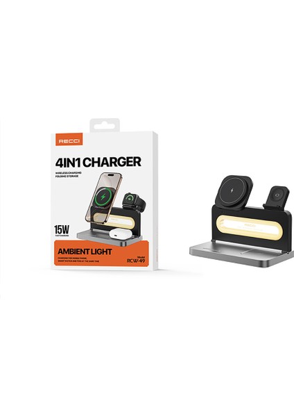 Rcw-49 4in1 Kablosuz Şarj Standı Ambiyans Işıklı Telefon&akıllı Saat&kulaklık 15W Siyah