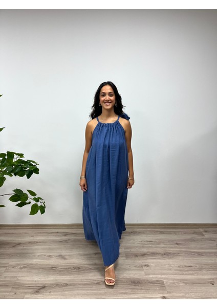 Boyundan Bağlamalı Büzgülü Elbise