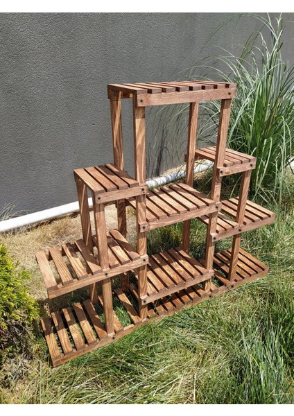 Eskitme Ceviz Rengi Ahşap Dekoratif Çiçeklik Saksılık Balkon Bahçe Standı Mobilyası
