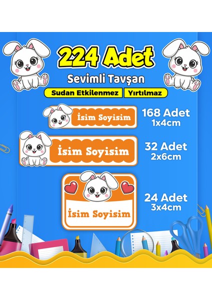 Sevimli Tavşan Temalı Okul Kreş Kişiye Özel Isim Etiket Seti - Model 570